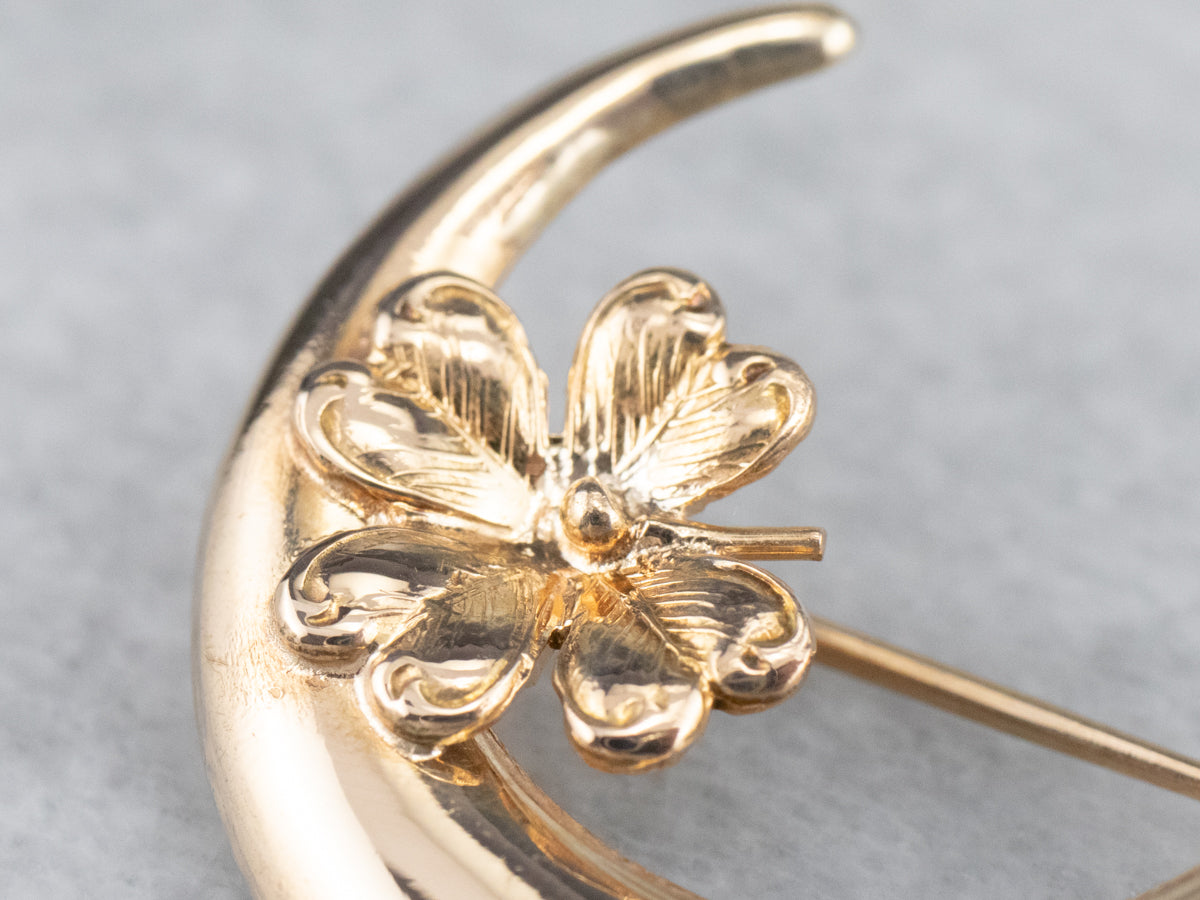 Art Nouveau Crescent Clover Moon Brooch