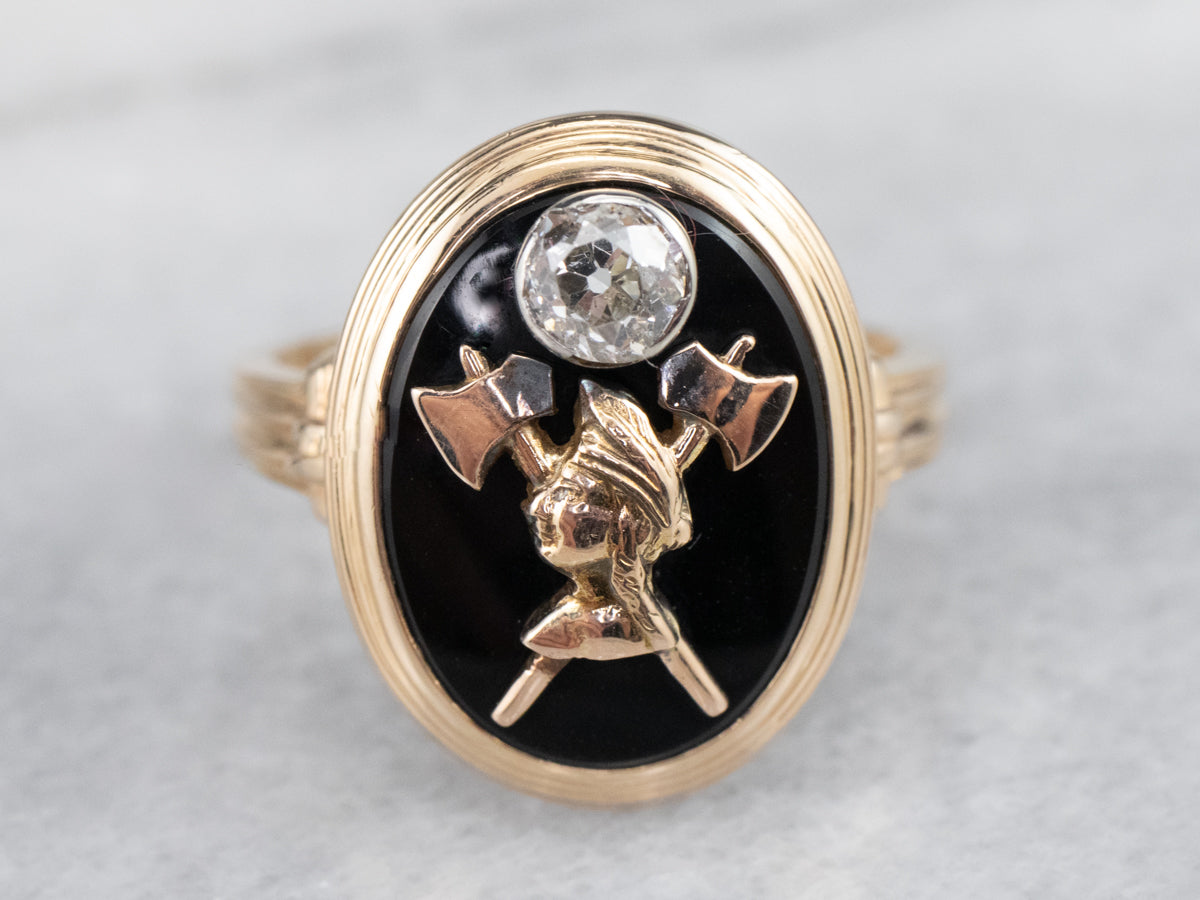 Antique Black Onyx and Diamond Axe Ring