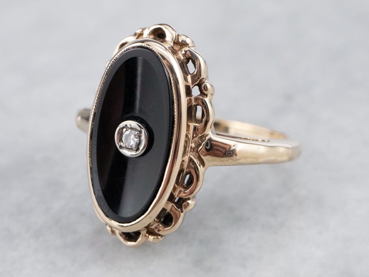 Mid Century Black Onyx and Diamond Ring