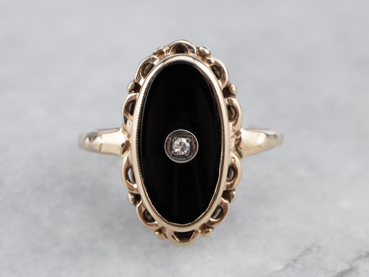 Mid Century Black Onyx and Diamond Ring