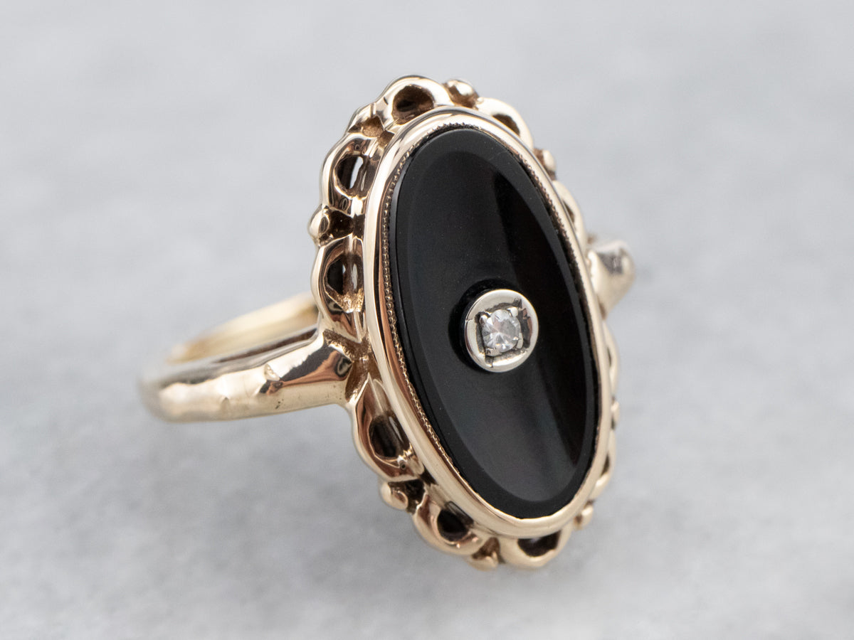 Mid Century Black Onyx and Diamond Ring