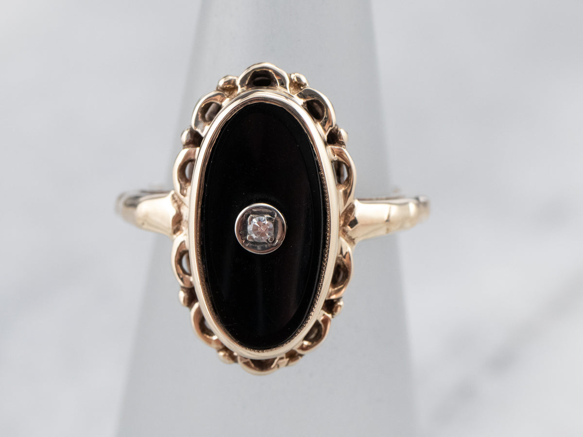 Mid Century Black Onyx and Diamond Ring