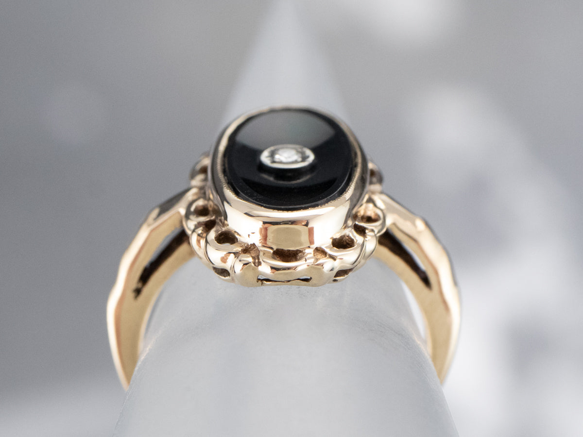 Mid Century Black Onyx and Diamond Ring