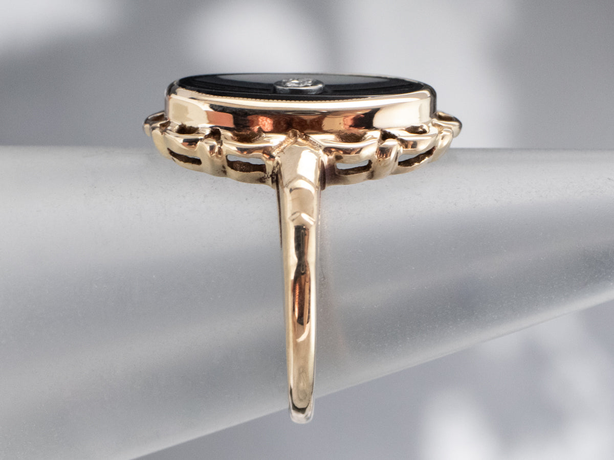 Mid Century Black Onyx and Diamond Ring