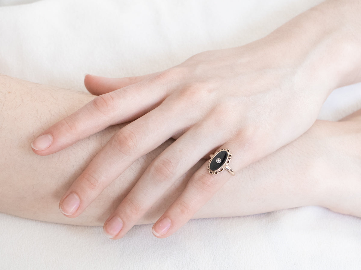 Mid Century Black Onyx and Diamond Ring