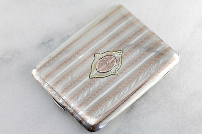 Late Art Deco Monogramed "MHN" Cigarette Case, Solid Sterling Silver with Rose & Yellow Gold Accents