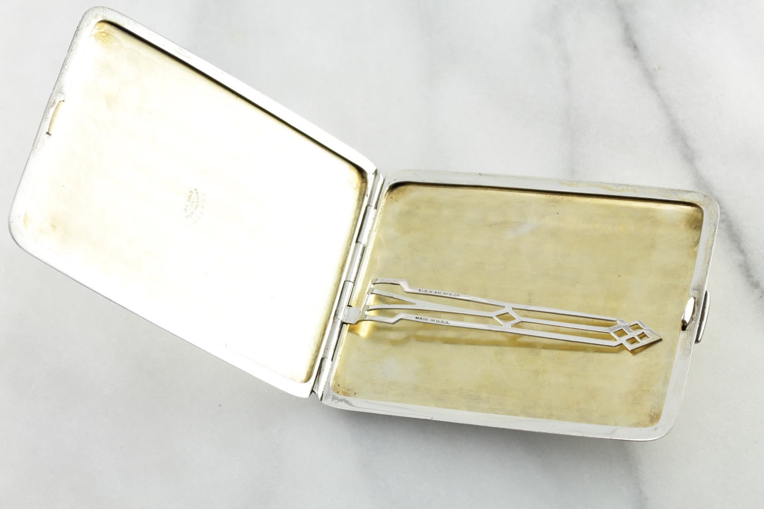 Late Art Deco Monogramed "MHN" Cigarette Case, Solid Sterling Silver with Rose & Yellow Gold Accents