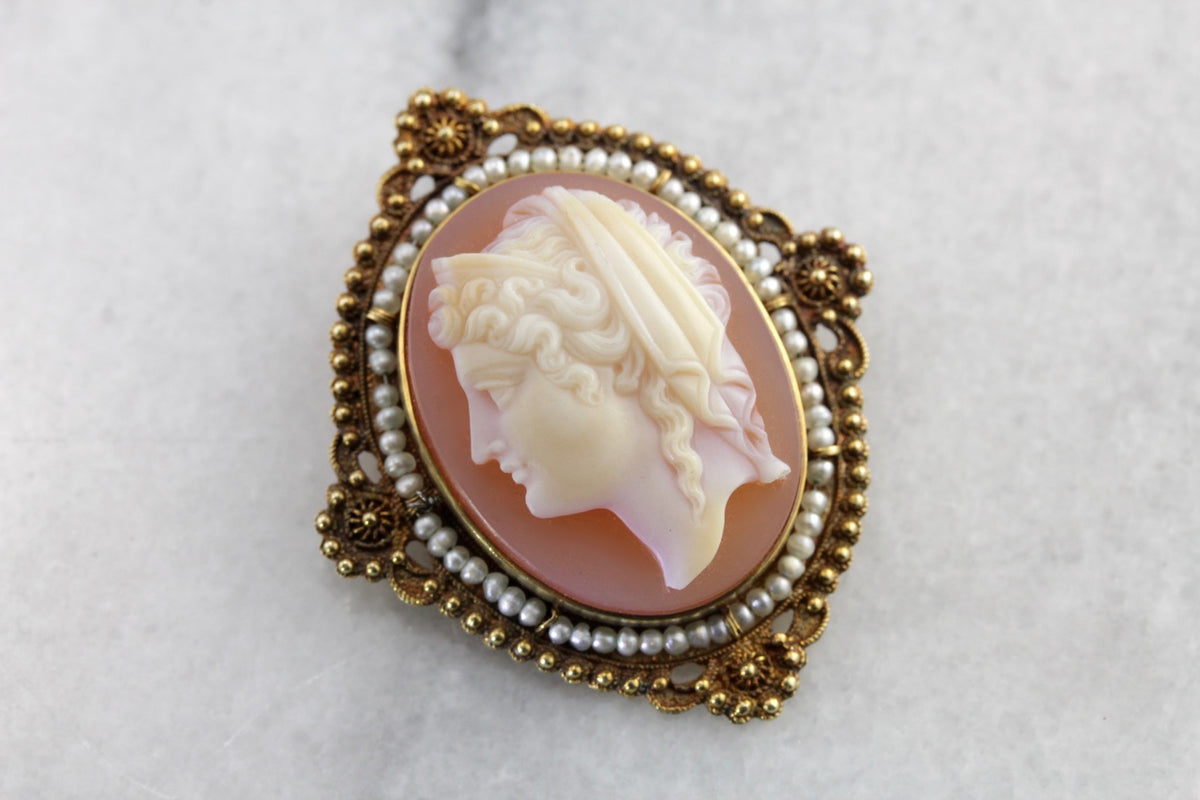 Stunning Victorian Sardonyx Cameo Brooch or Pendant, Elegant Seed Pearl Halo