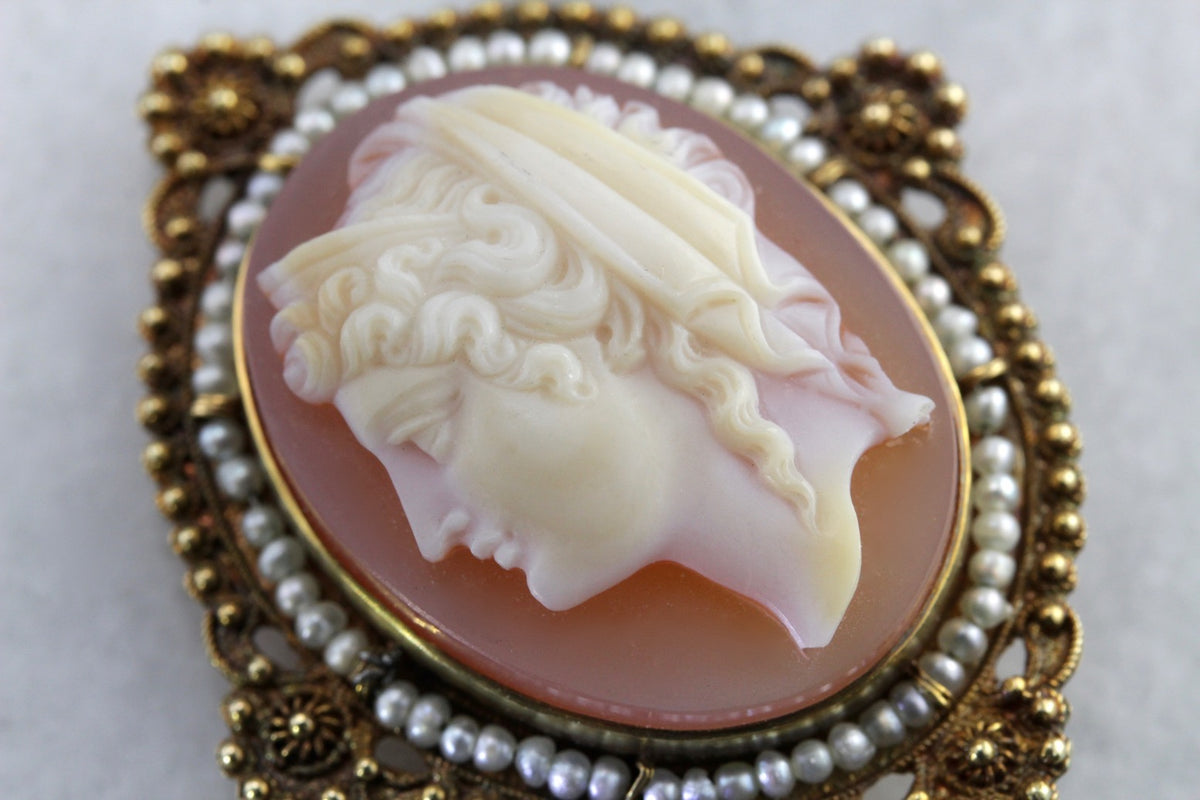 Stunning Victorian Sardonyx Cameo Brooch or Pendant, Elegant Seed Pearl Halo