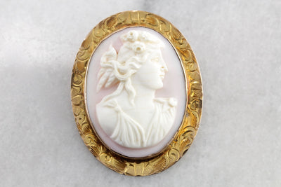 Antique Pink Conch Shell Cameo Brooch or Pendant, Caribbean Conch Shell from the Art Nouveau Era