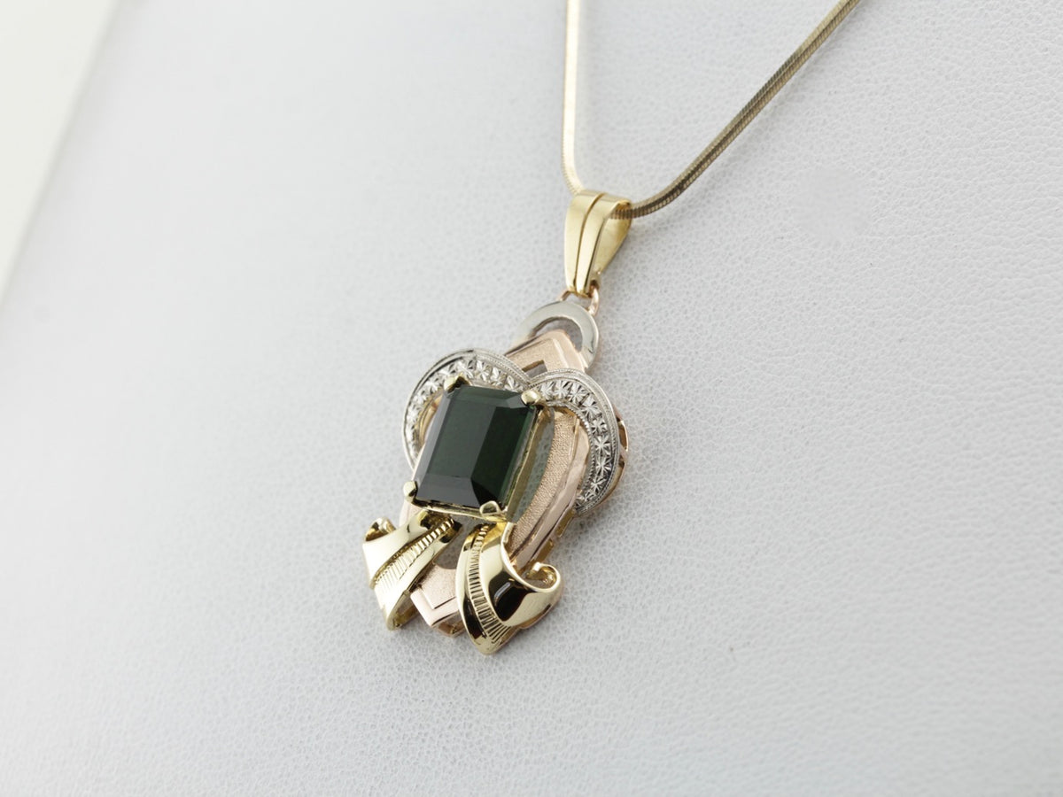 Retro Era Statement Pendant, Green Tourmaline in Tri Color Gold