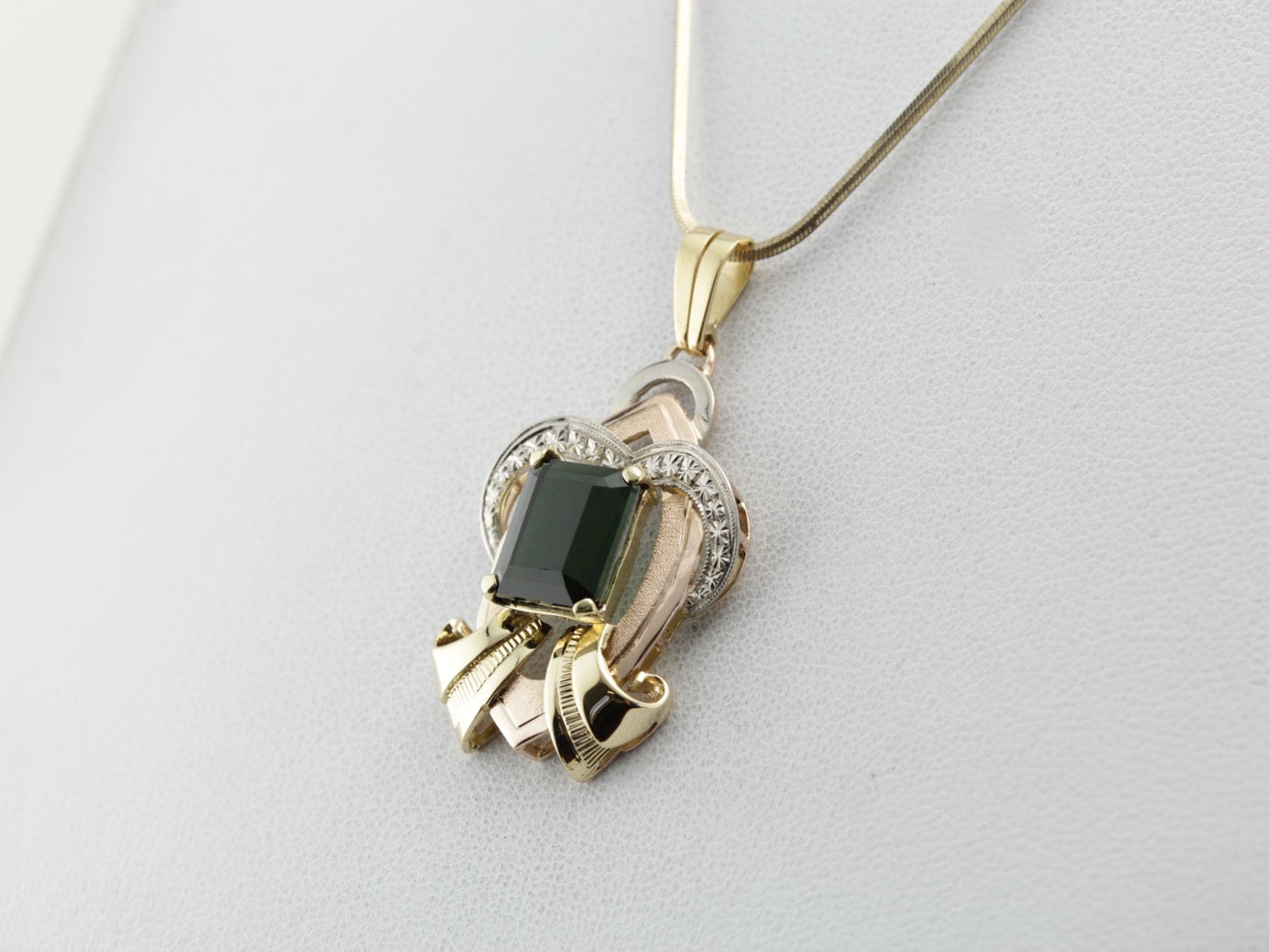 Retro Era Statement Pendant, Green Tourmaline in Tri Color Gold