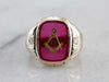 Bold Ruby Red Glass Masonic Ring with Diamond Accented Shoulders, Men's Fraternal Ring