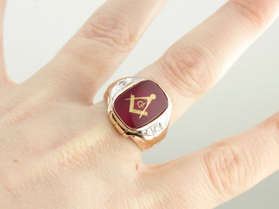 Bold Ruby Red Glass Masonic Ring with Diamond Accented Shoulders, Men's Fraternal Ring