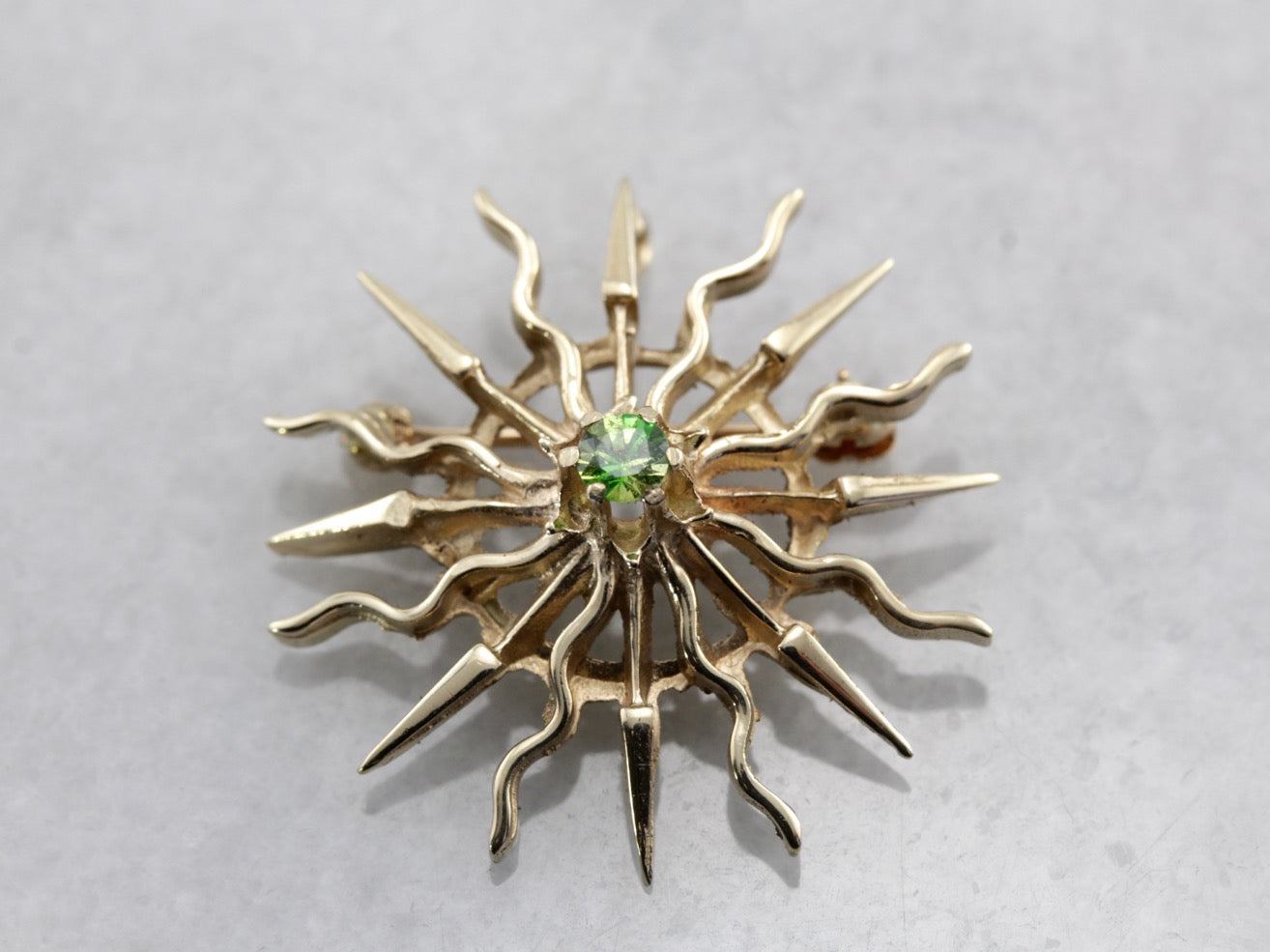 Demantoid Garnet Sunburst, Radiant Sun Pin or Pendant in Yellow Gold