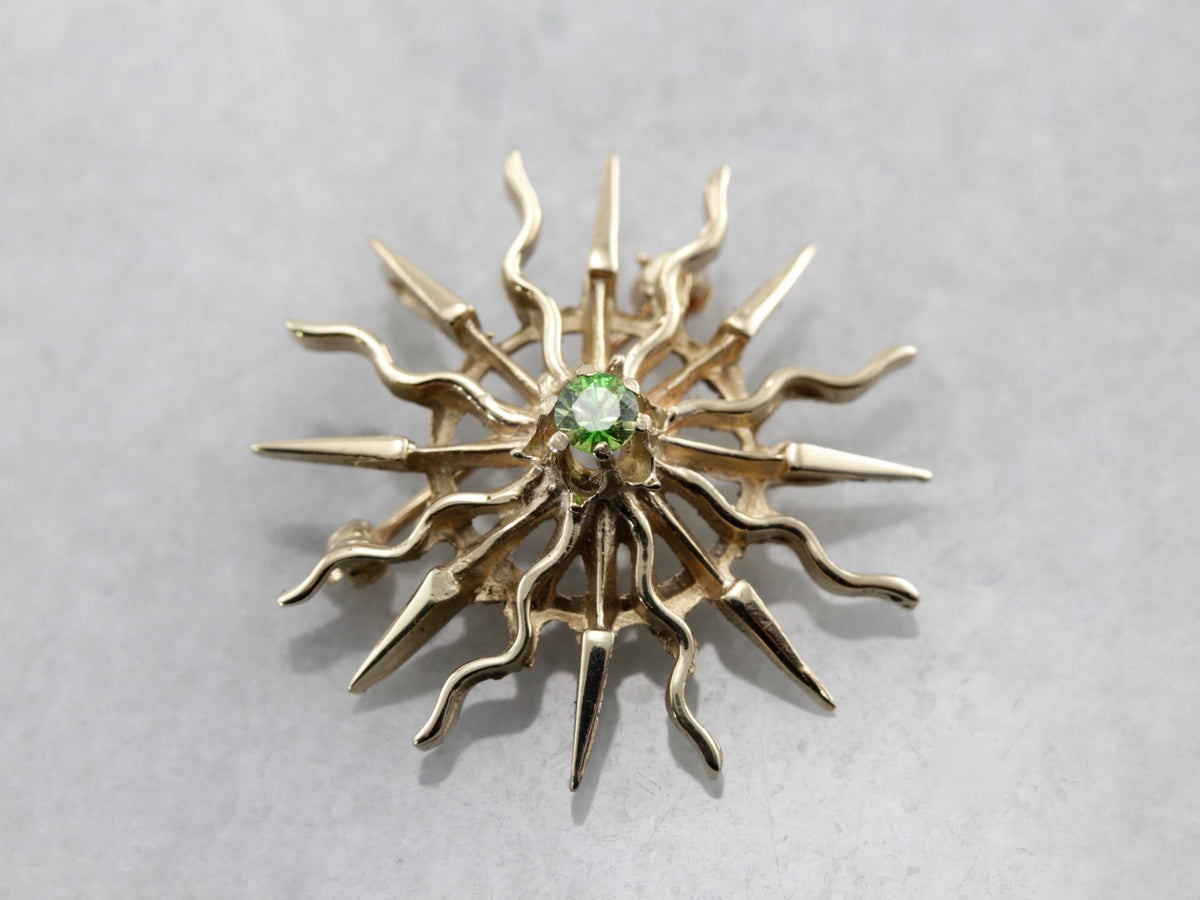 Demantoid Garnet Sunburst, Radiant Sun Pin or Pendant in Yellow Gold