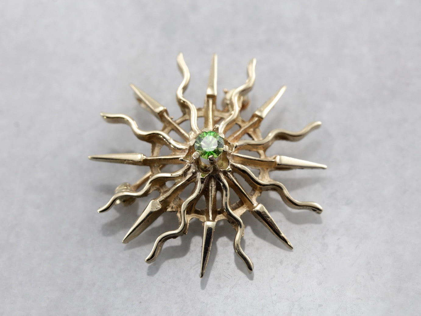 Demantoid Garnet Sunburst, Radiant Sun Pin or Pendant in Yellow Gold