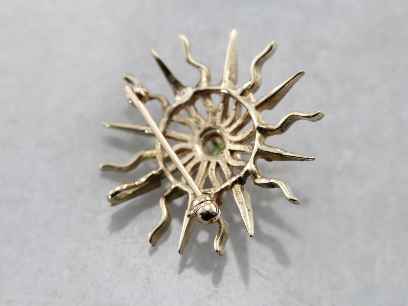 Demantoid Garnet Sunburst, Radiant Sun Pin or Pendant in Yellow Gold