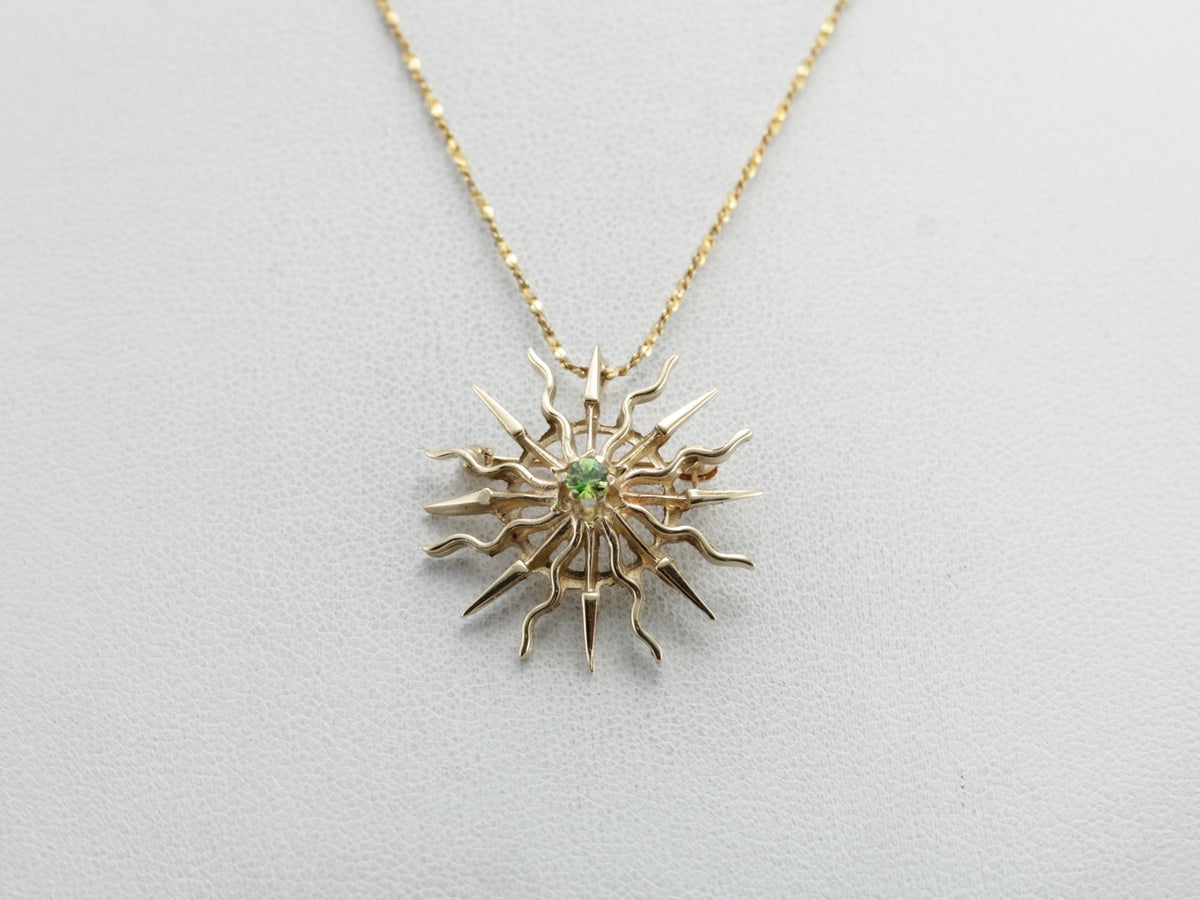 Demantoid Garnet Sunburst, Radiant Sun Pin or Pendant in Yellow Gold