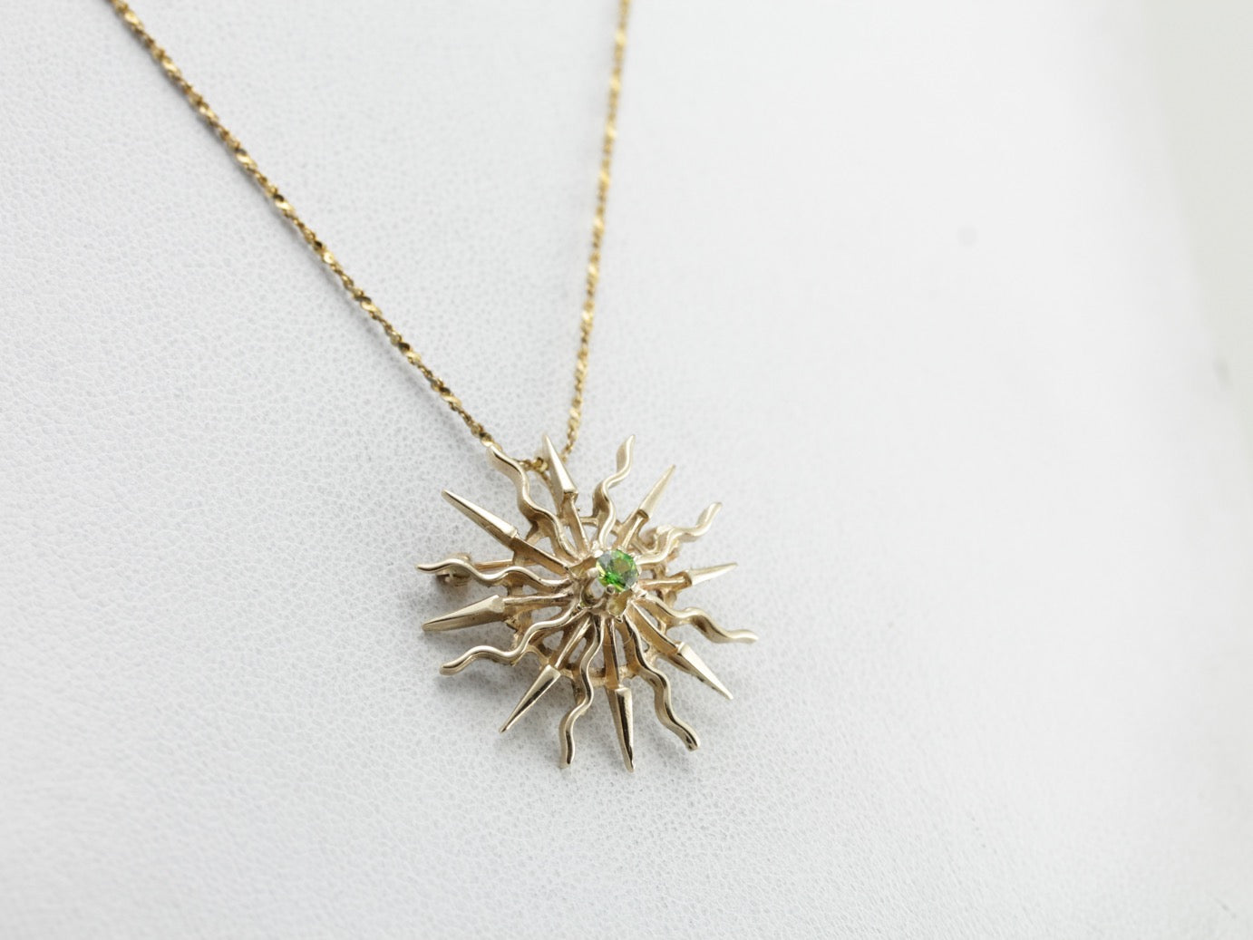 Demantoid Garnet Sunburst, Radiant Sun Pin or Pendant in Yellow Gold