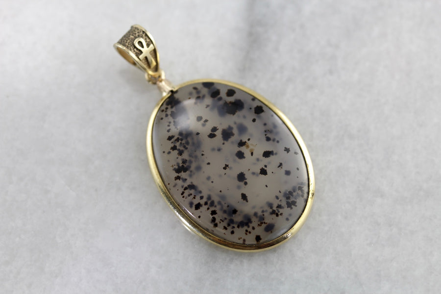 Speckled Montana Agate Gemstone Pendant with Ankh Detail