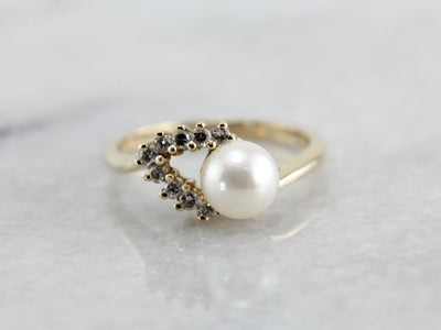 Diamond and Pearl Cocktail Ring, Asymmetrical Chevron Motif