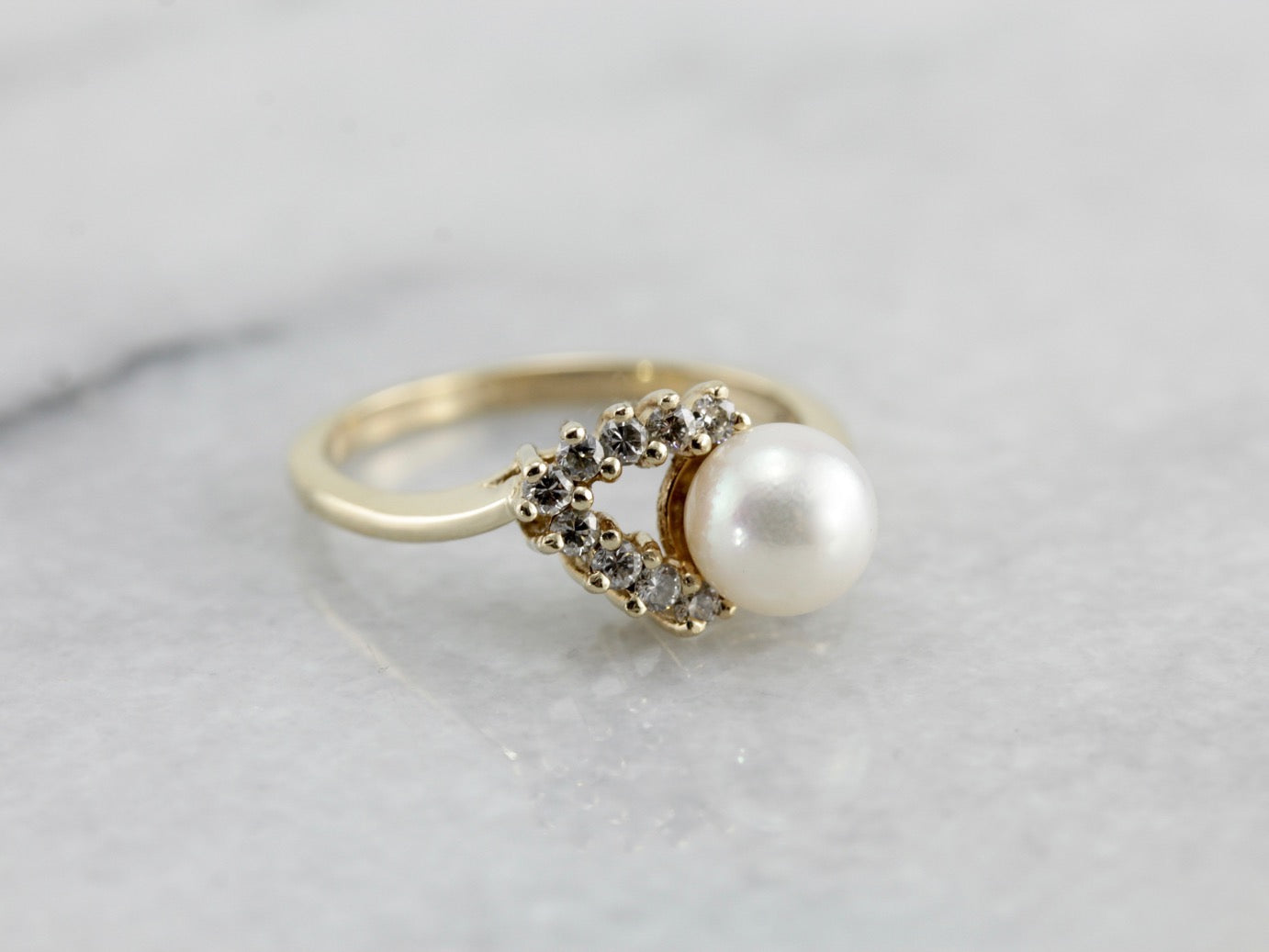 Diamond and Pearl Cocktail Ring, Asymmetrical Chevron Motif
