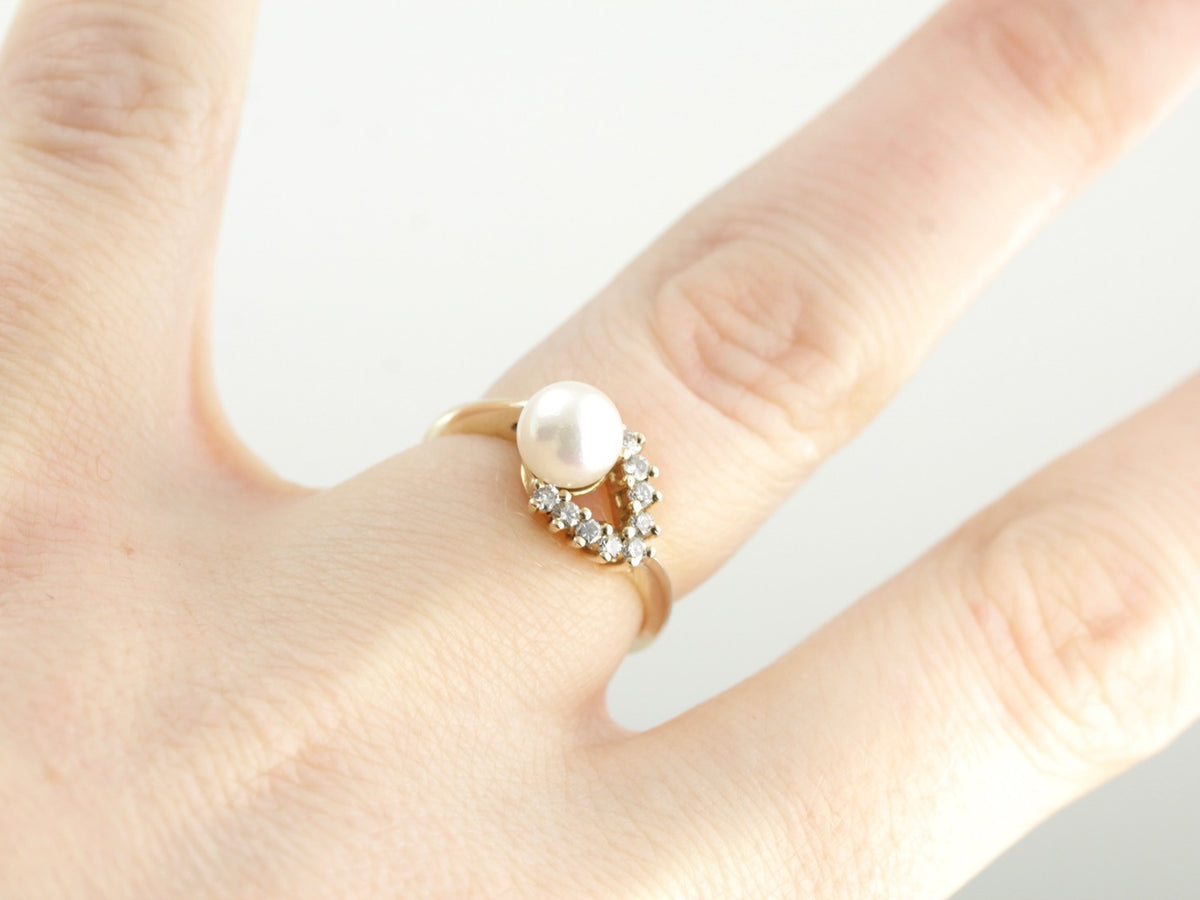 Diamond and Pearl Cocktail Ring, Asymmetrical Chevron Motif