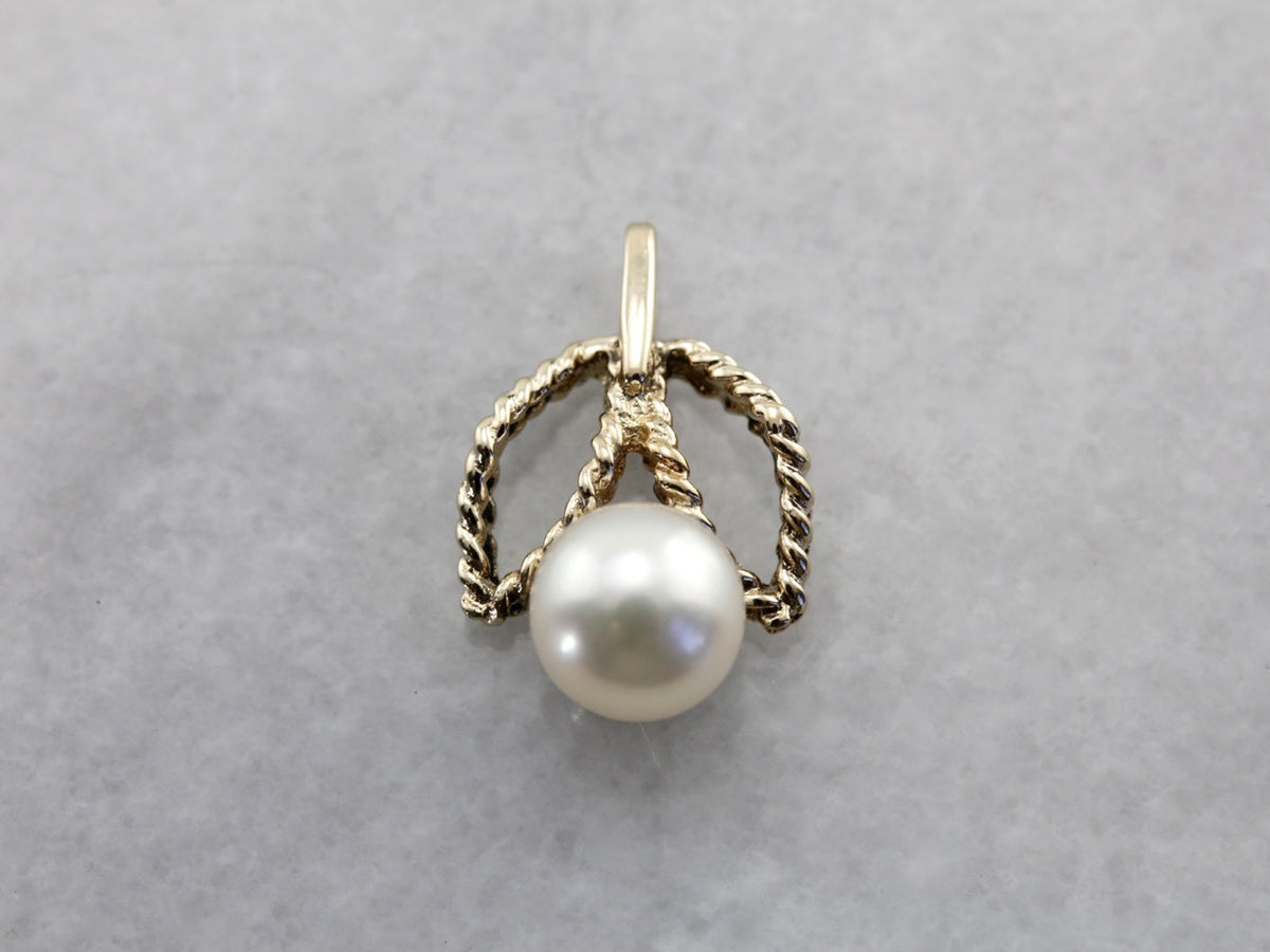 White Pearl Layering Pendant in Yellow Gold, Sweet Flower Pendant