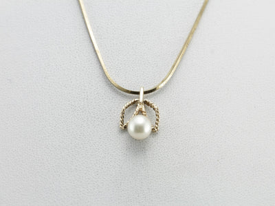 White Pearl Layering Pendant in Yellow Gold, Sweet Flower Pendant