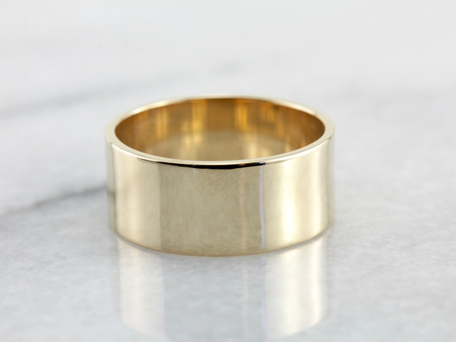 Men's Wide, Flat, Solid Gold Wedding Band, Vintage Yellow Gold Band