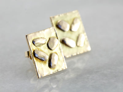 Abstract Gold Earrings, Stud Earrings with Hammered Gold Nuggets in Rectangle Frame