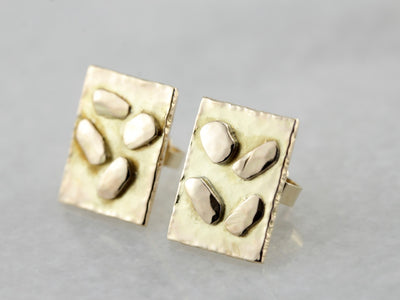 Abstract Gold Earrings, Stud Earrings with Hammered Gold Nuggets in Rectangle Frame