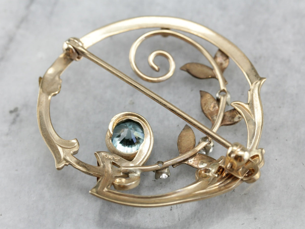 Vintage Blue Zircon Wreath Pin with Diamond Accents