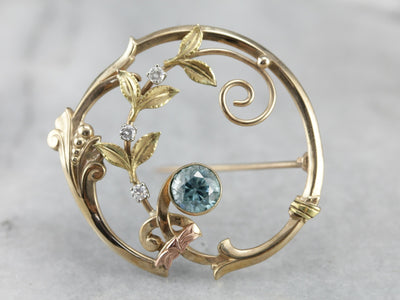 Vintage Blue Zircon Wreath Pin with Diamond Accents