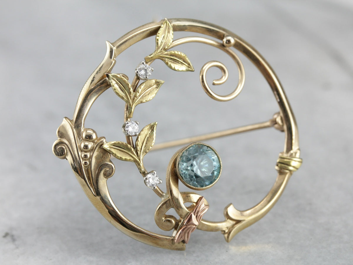 Vintage Blue Zircon Wreath Pin with Diamond Accents