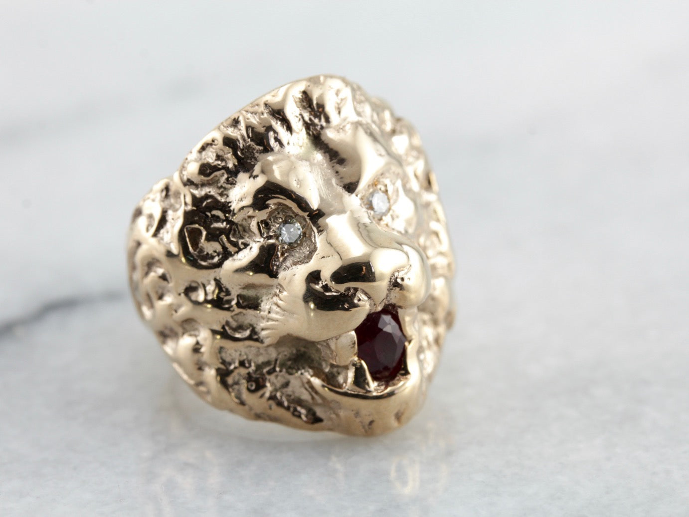 Huge Lion Statement Ring with Diamond Eyes and Ruby in Mouth