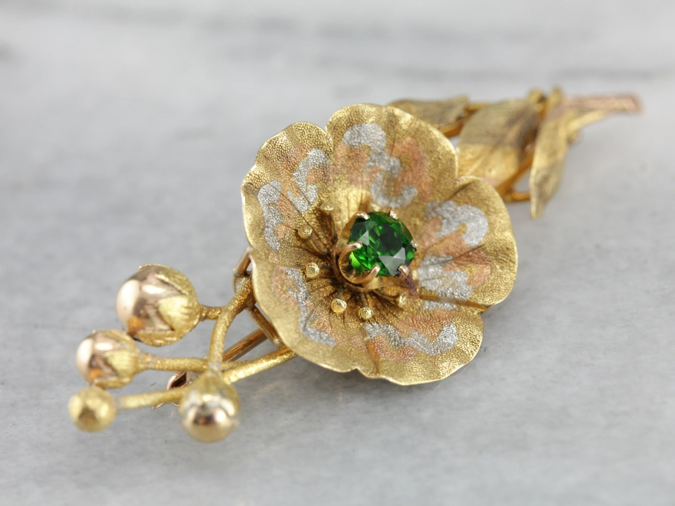 Demantoid Garnet Floral Gold Brooch