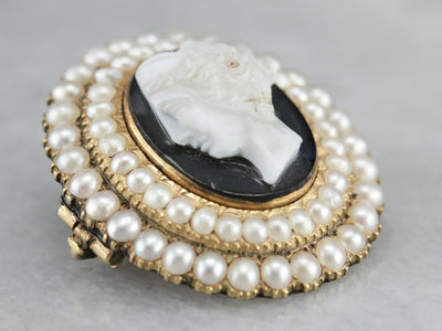 Antique Victorian Onyx Cameo Seed Pearl Brooch