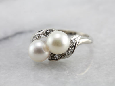 Pearl Toi et Moi Ring, Bypass Style Two Stone Ring in White Gold with Diamond Accents