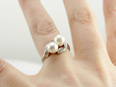 Pearl Toi et Moi Ring, Bypass Style Two Stone Ring in White Gold with Diamond Accents
