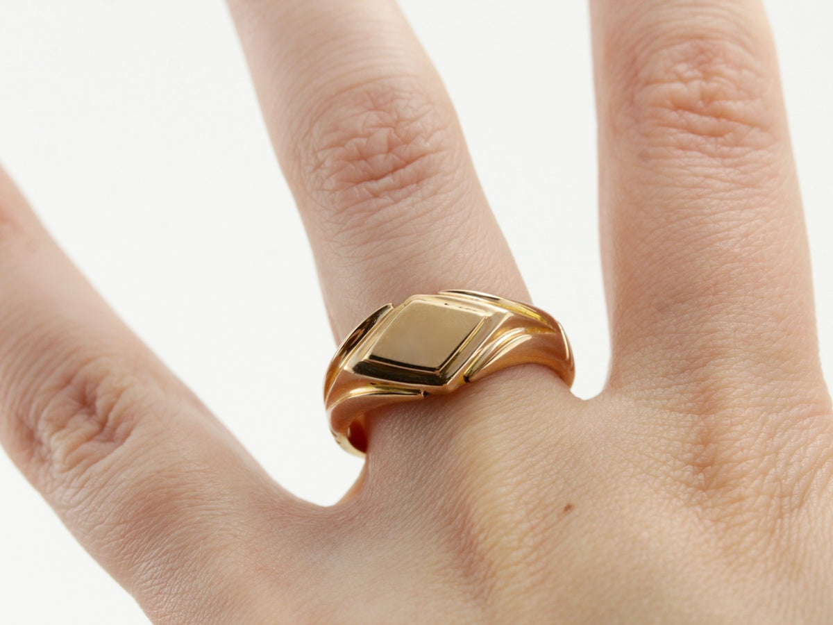 Retro Era Signet Ring, Unusual Diamond Shape Signet Ring in Rose Gold