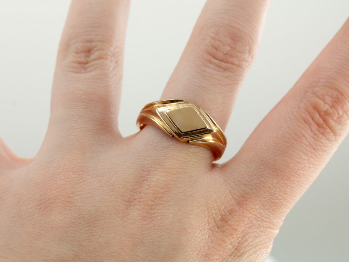 Retro Era Signet Ring, Unusual Diamond Shape Signet Ring in Rose Gold