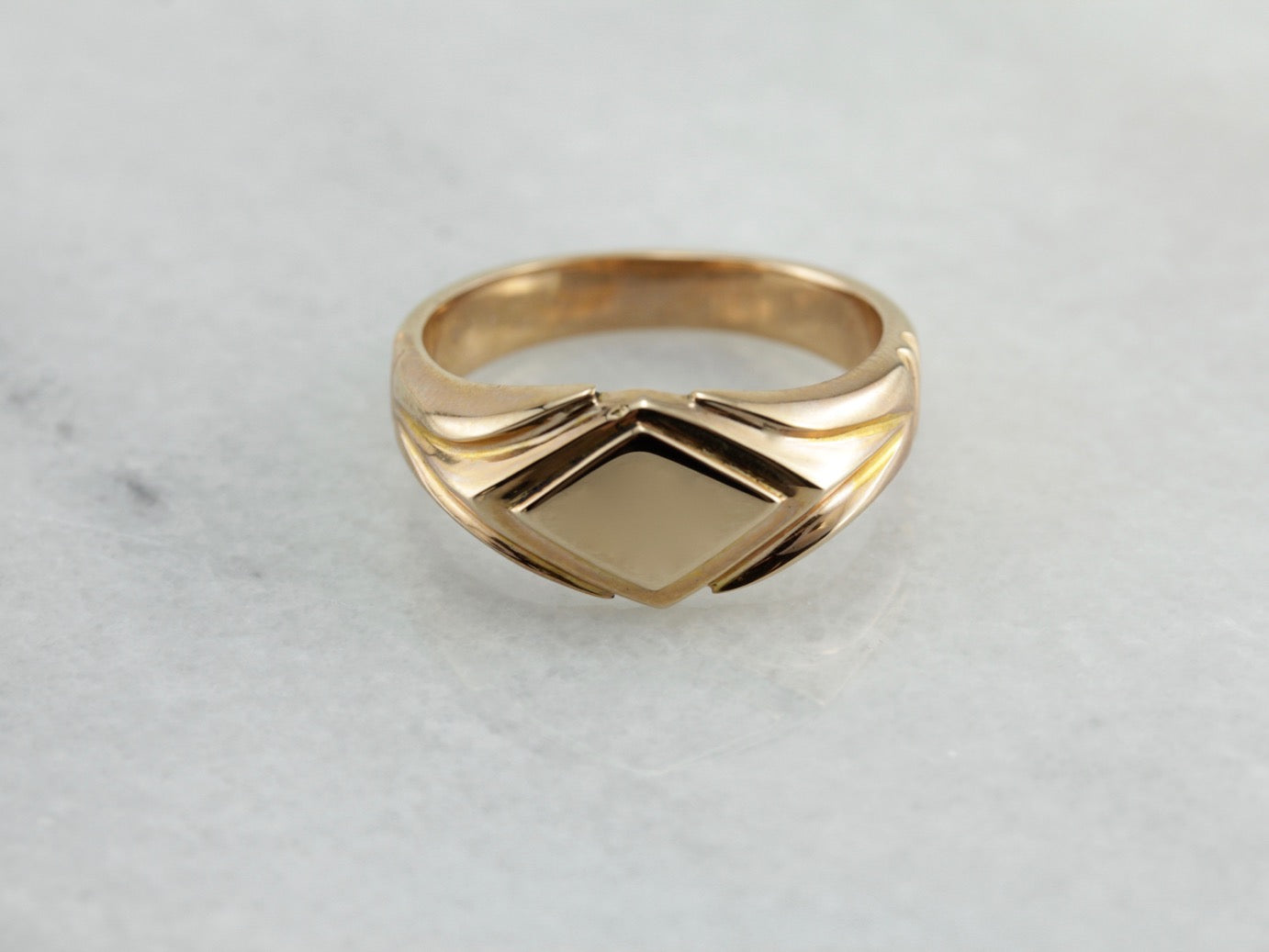 Retro Era Signet Ring, Unusual Diamond Shape Signet Ring in Rose Gold