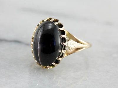 Black Cat's Eye Sillimanite Statement Ring in Vintage Yellow Gold Setting