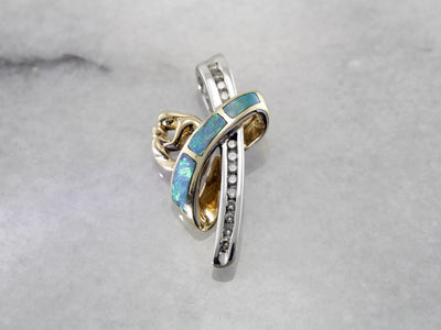 Opal and Diamond Modernist Pendant in Yellow and White Gold