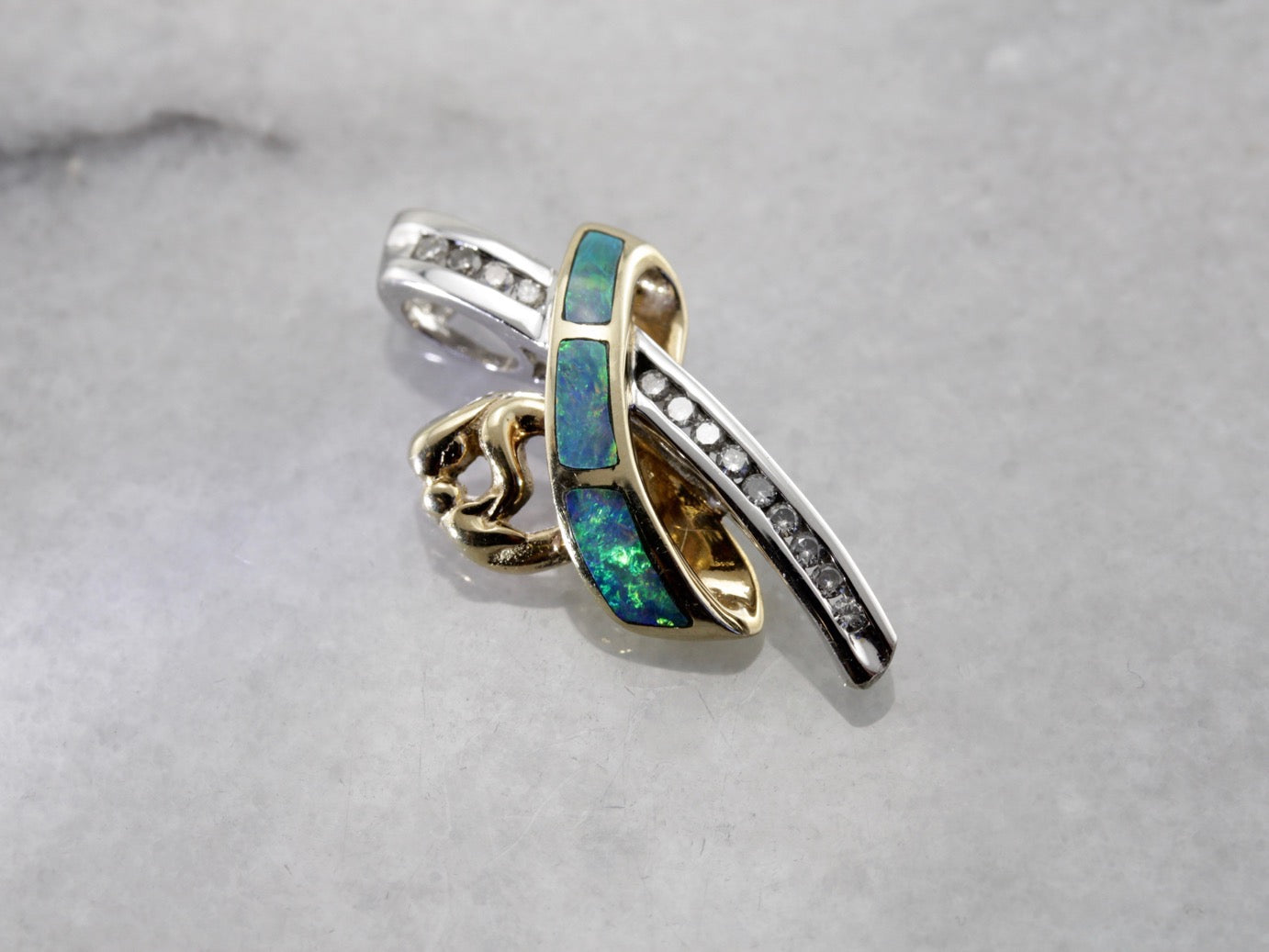 Opal and Diamond Modernist Pendant in Yellow and White Gold