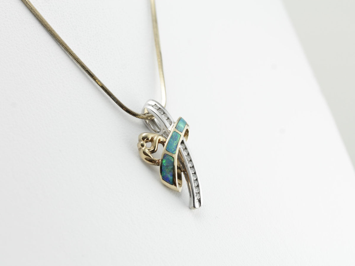 Opal and Diamond Modernist Pendant in Yellow and White Gold