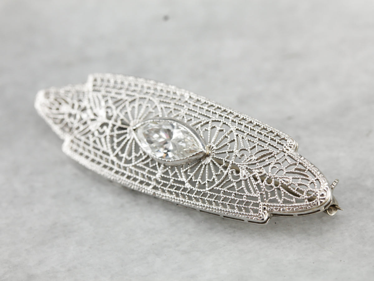 Outstanding Filigree Brooch with One Carat Diamond Center, Art Deco Finery