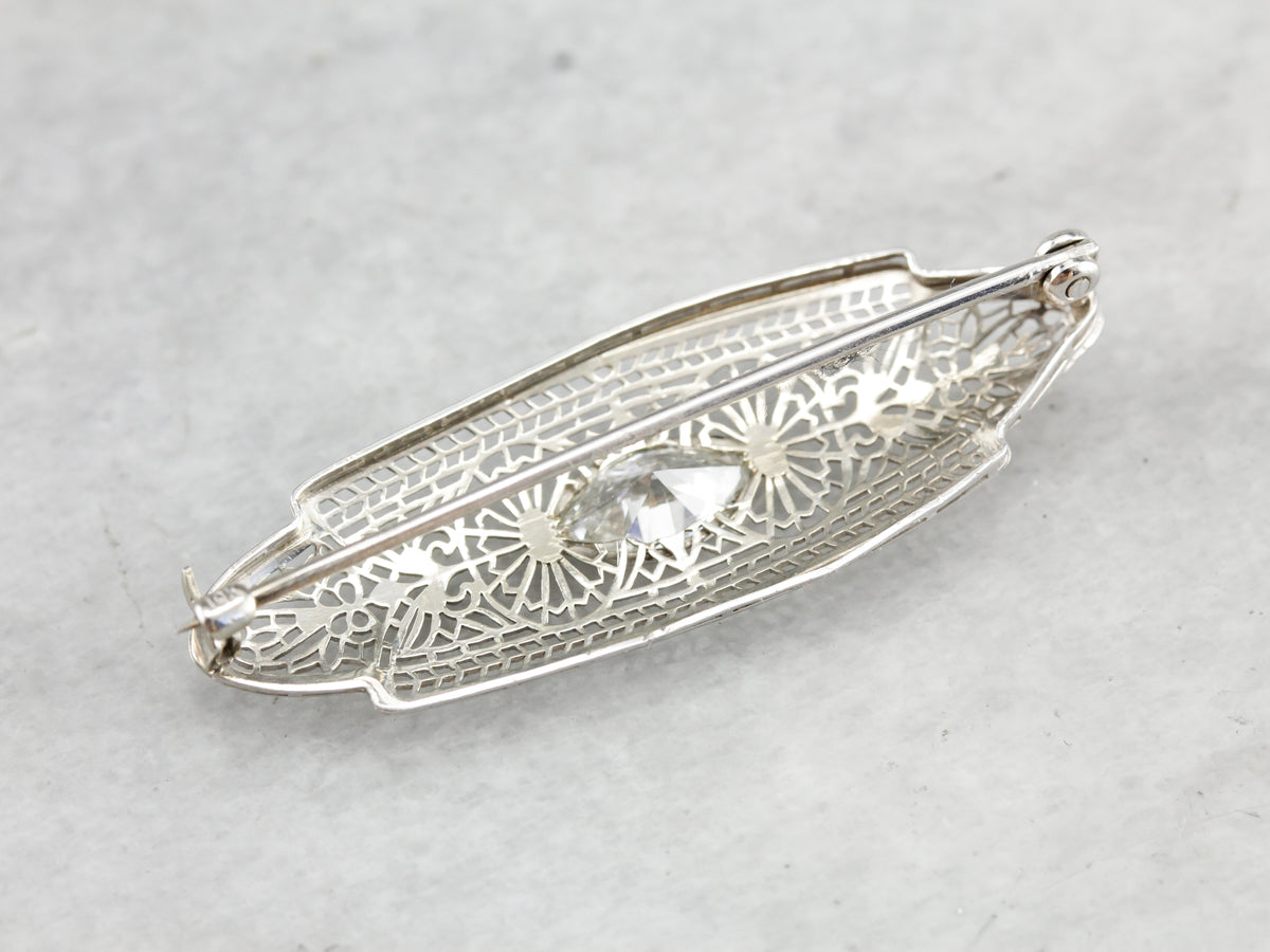 Outstanding Filigree Brooch with One Carat Diamond Center, Art Deco Finery